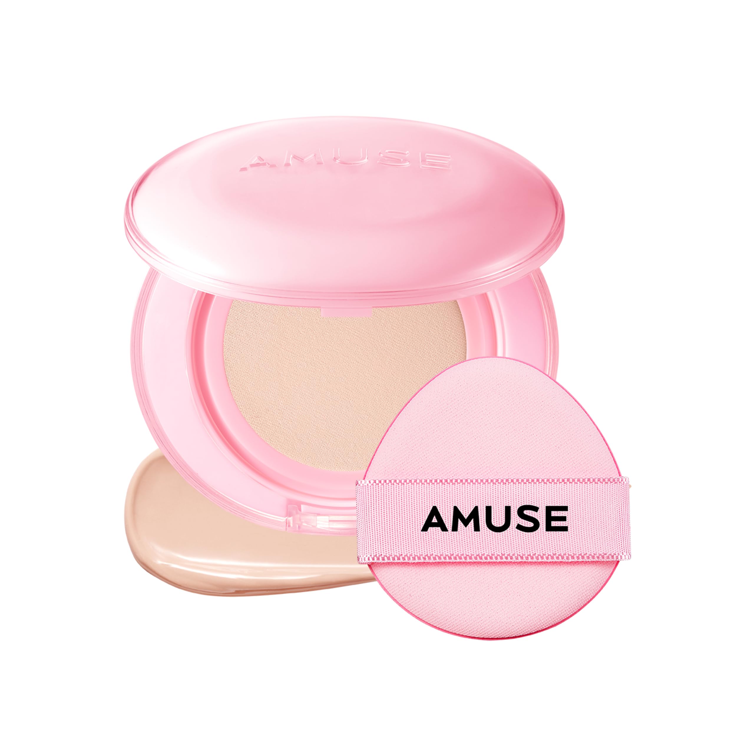 Amuse Seoul Dew Power cushion bottle close-up shows hydrated, glass-like glow.