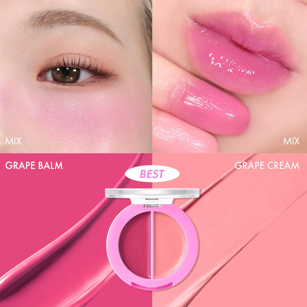 Amuse SEOUL Grapе Balm texture swirl shows creamy layering for lips and cheeks