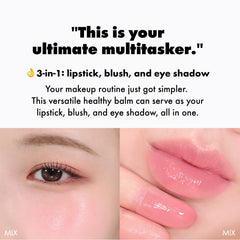 Amuse SEOUL Juicy color swatch on lips for a natural, shiny look.