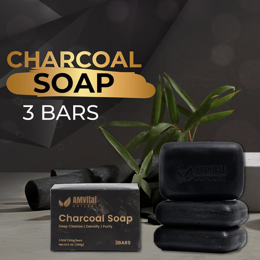 AMVital charcoal soap bar closeup texture highlights natural charcoal exfoliation.