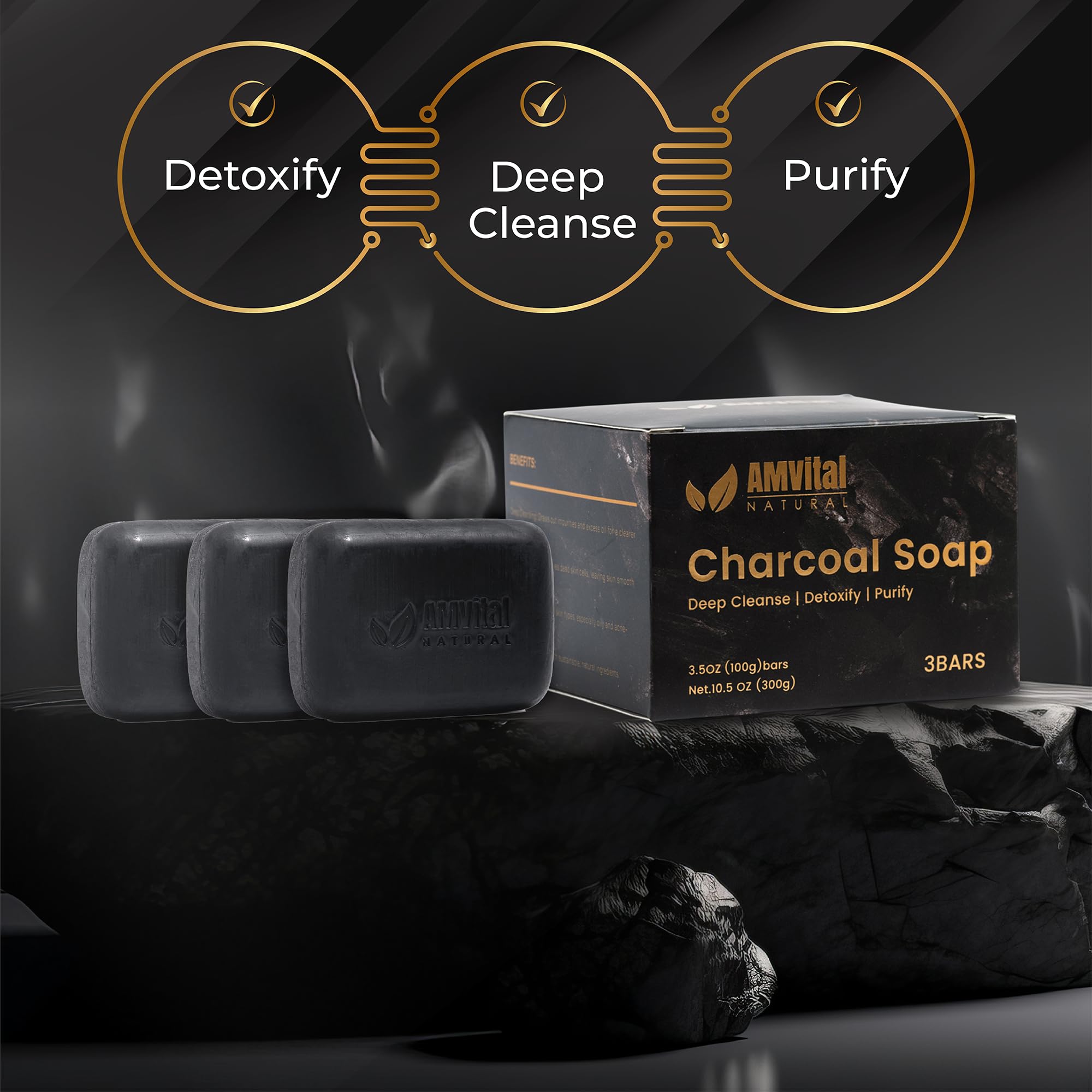 AMVital charcoal soap bar for men and women fits daily rituals at home.
