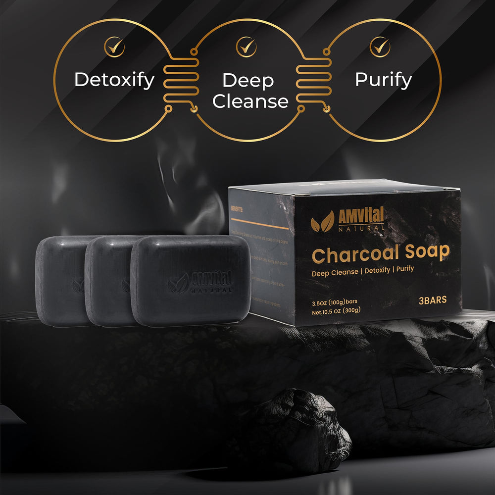 AMVital charcoal soap bar for men and women fits daily rituals at home.