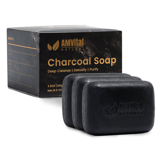 AMVital charcoal soap bar set packaging, ideal for gifting and daily cleansing.