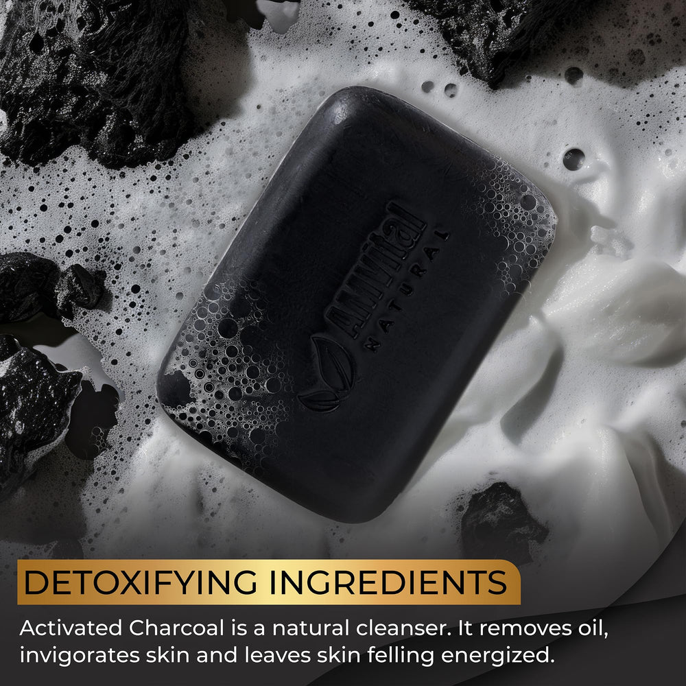 AMVital charcoal soap bar vegan ingredients provide plant-based care for sensitive or normal skin.