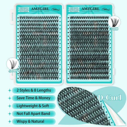 AMZGIRL LASH 40D-50D cluster lashes 9-16mm for customizable looks.