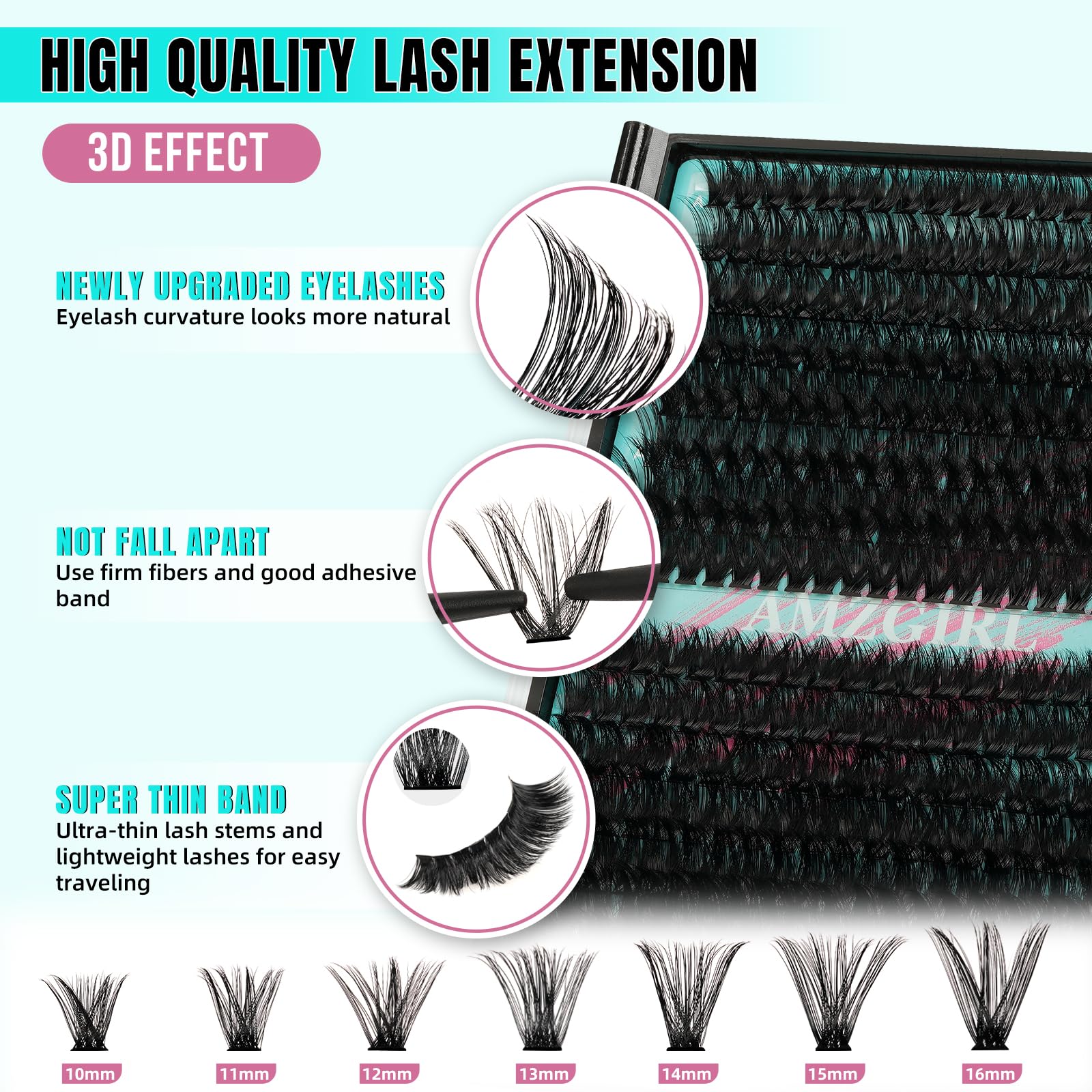 AMZGIRL LASH mixed 10–16mm tray arranged for easy selection