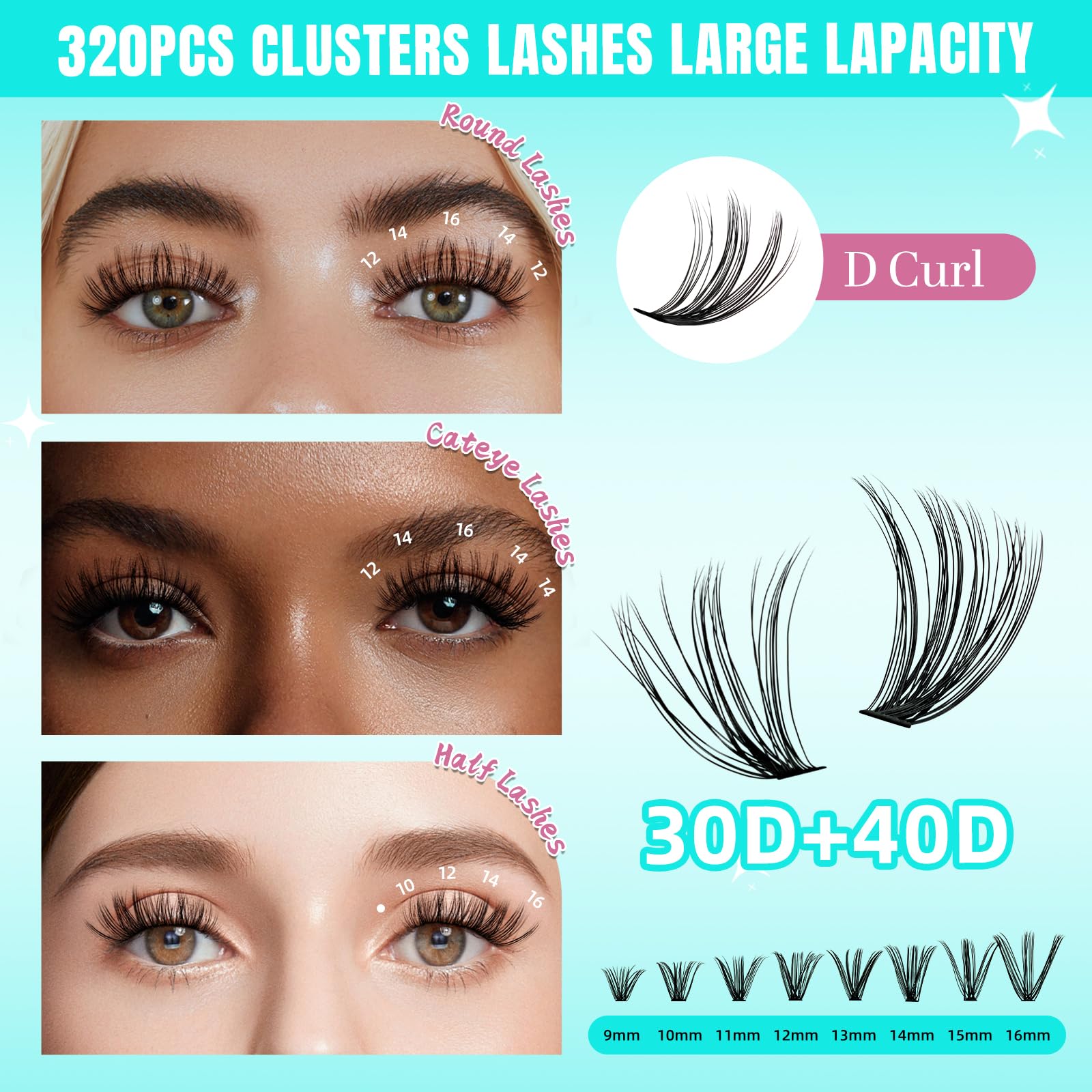 AMZGIRL LASH mixed length comparison showing 9–16mm customization