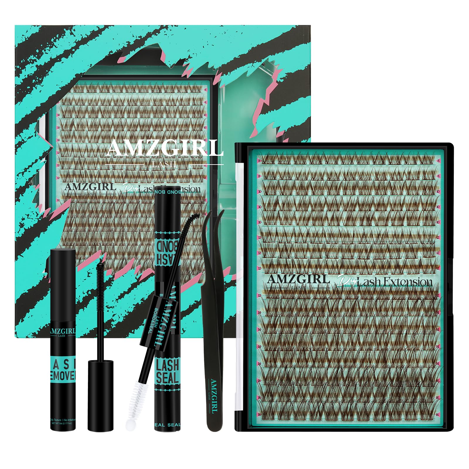AMZGIRL front packaging showing brown lash clusters and kit benefits