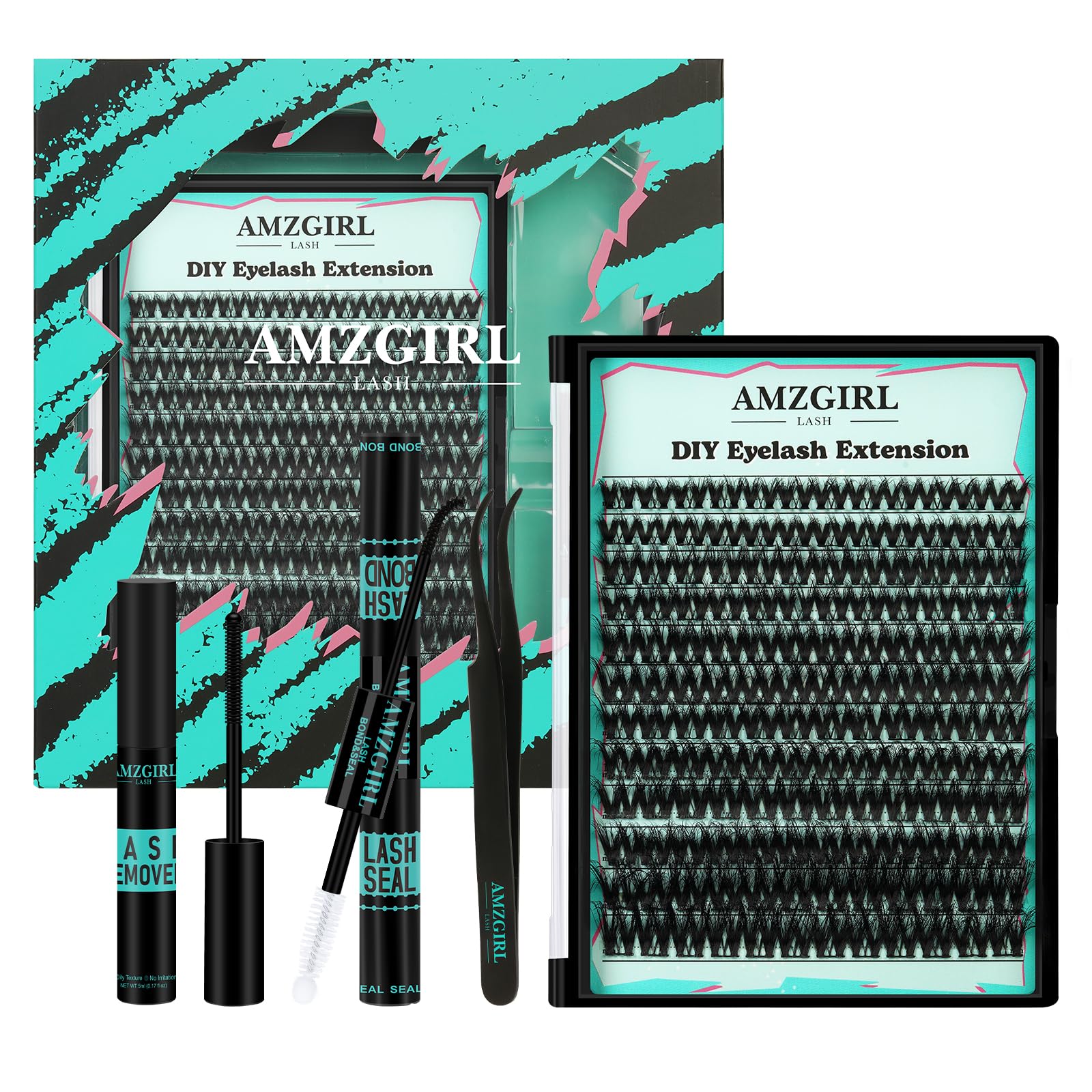 AMZGIRL LASH 3D cluster kit packaging showing all-in-one lash set for at-home use