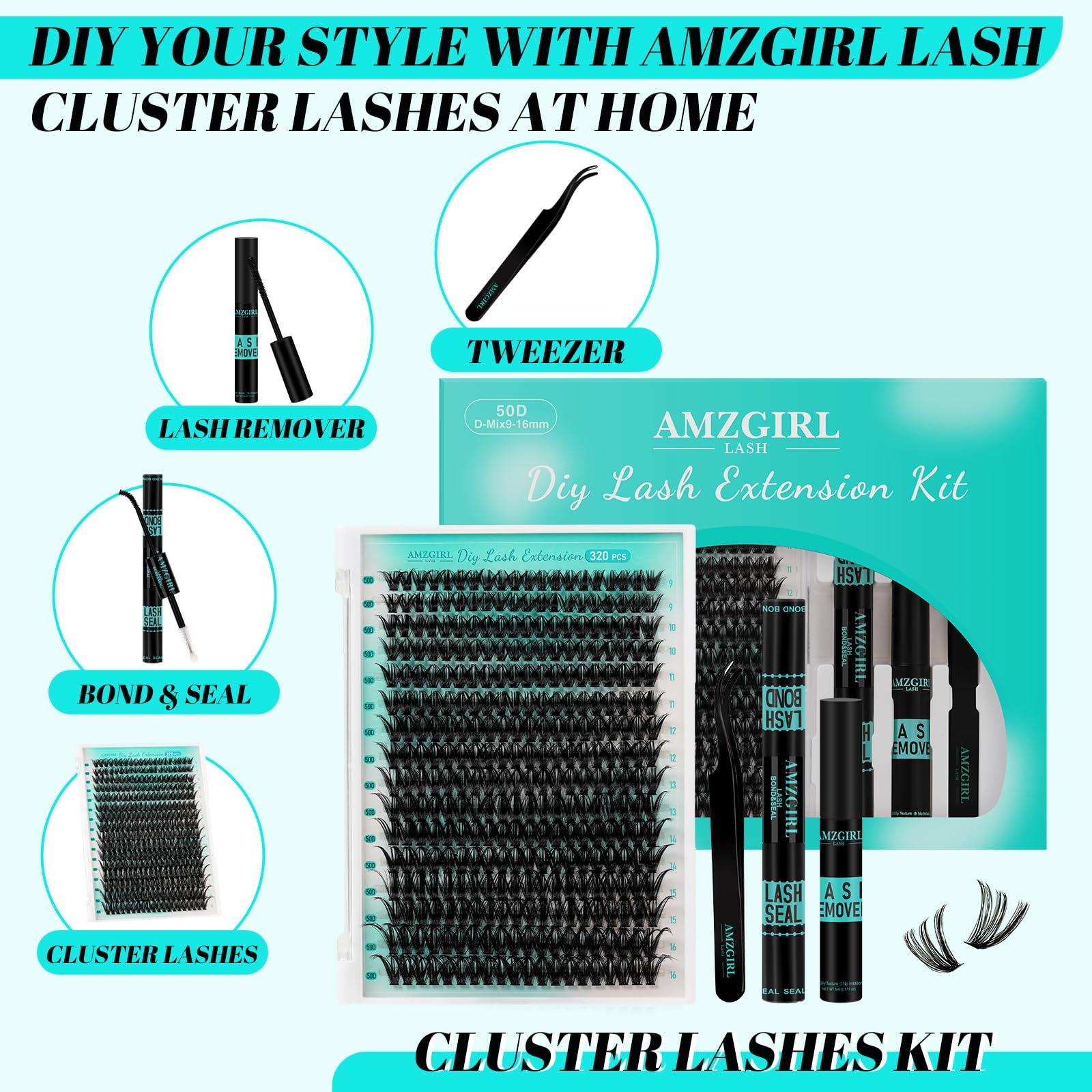 AMZGIRL LASH close-up of 50D D curl clusters highlighting dense wispy texture