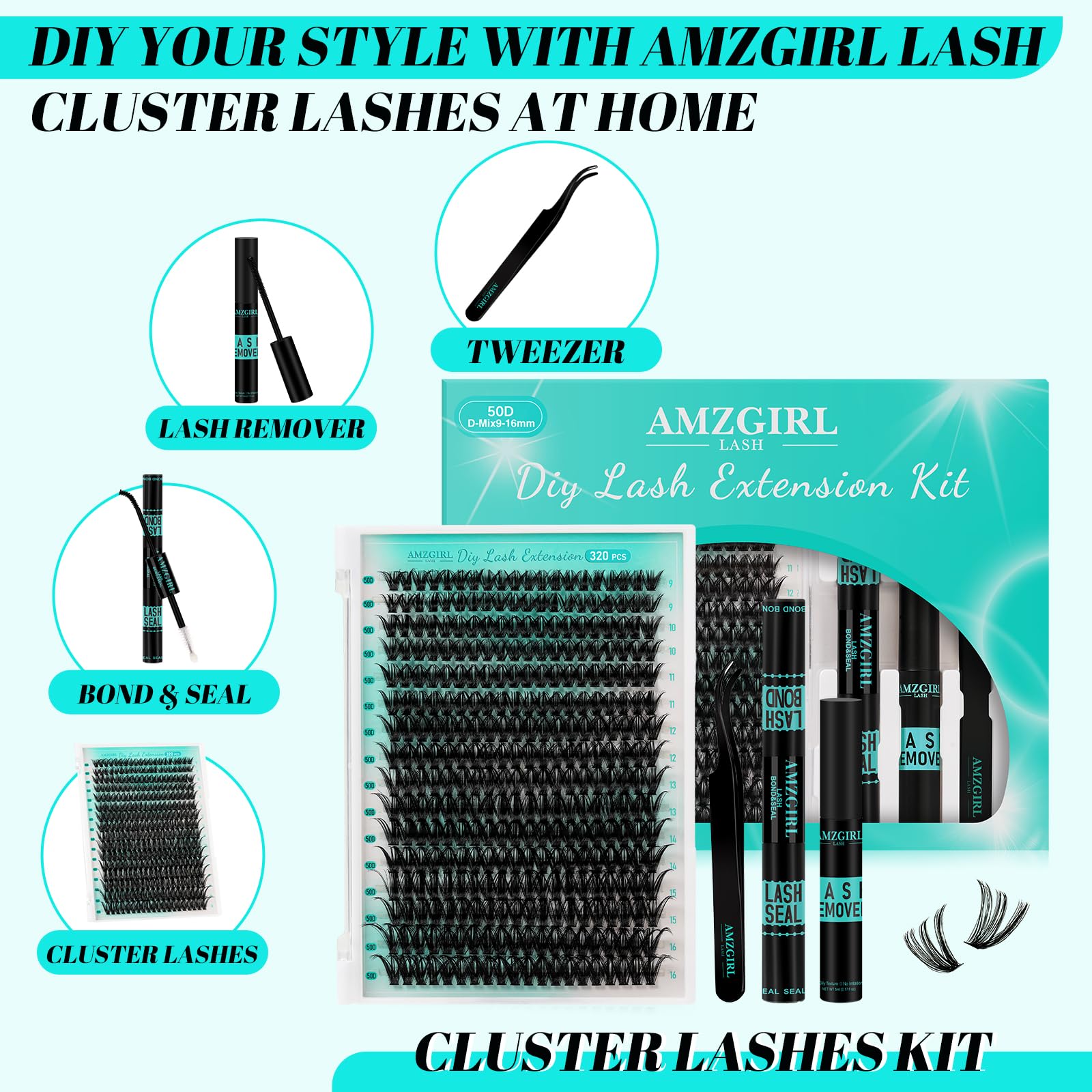 AMZGIRL LASH 50D clusters with mixed 9-16mm for versatile looks.