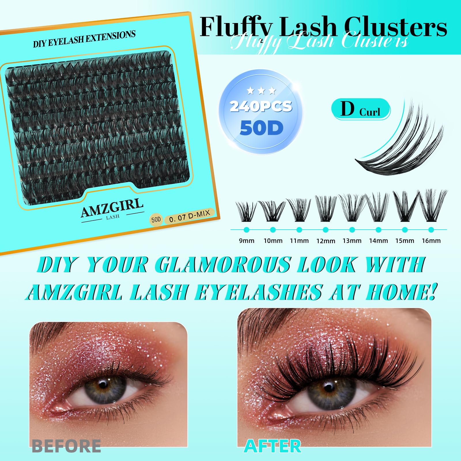 AMZGIRL LASH easy-apply clusters for quick at-home eyelash styling.