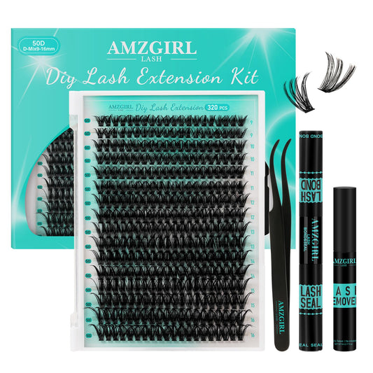 AMZGIRL LASH cluster kit with 320 pieces for natural at-home eyelash extensions.