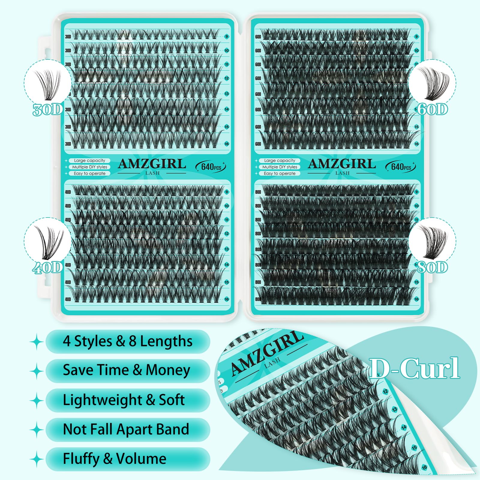 AMZGIRL LASH lash clusters kit 4-lengths 30D-80D offers customizable looks for different occasions.