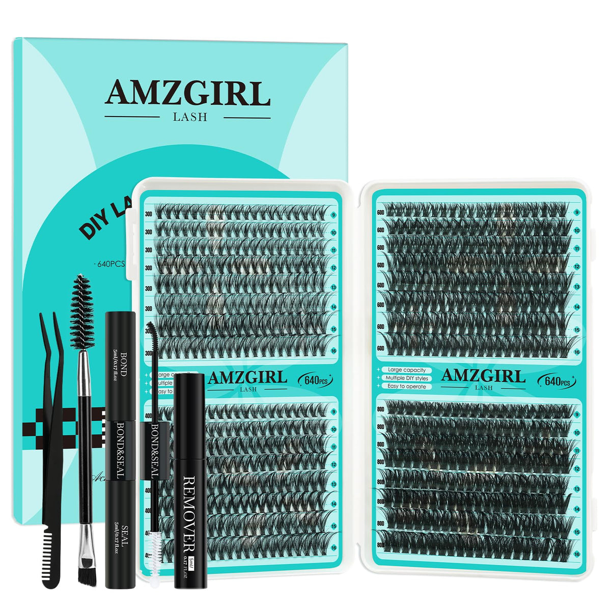 AMZGIRL LASH lash clusters kit 640pcs enables at-home DIY extensions with versatile options.