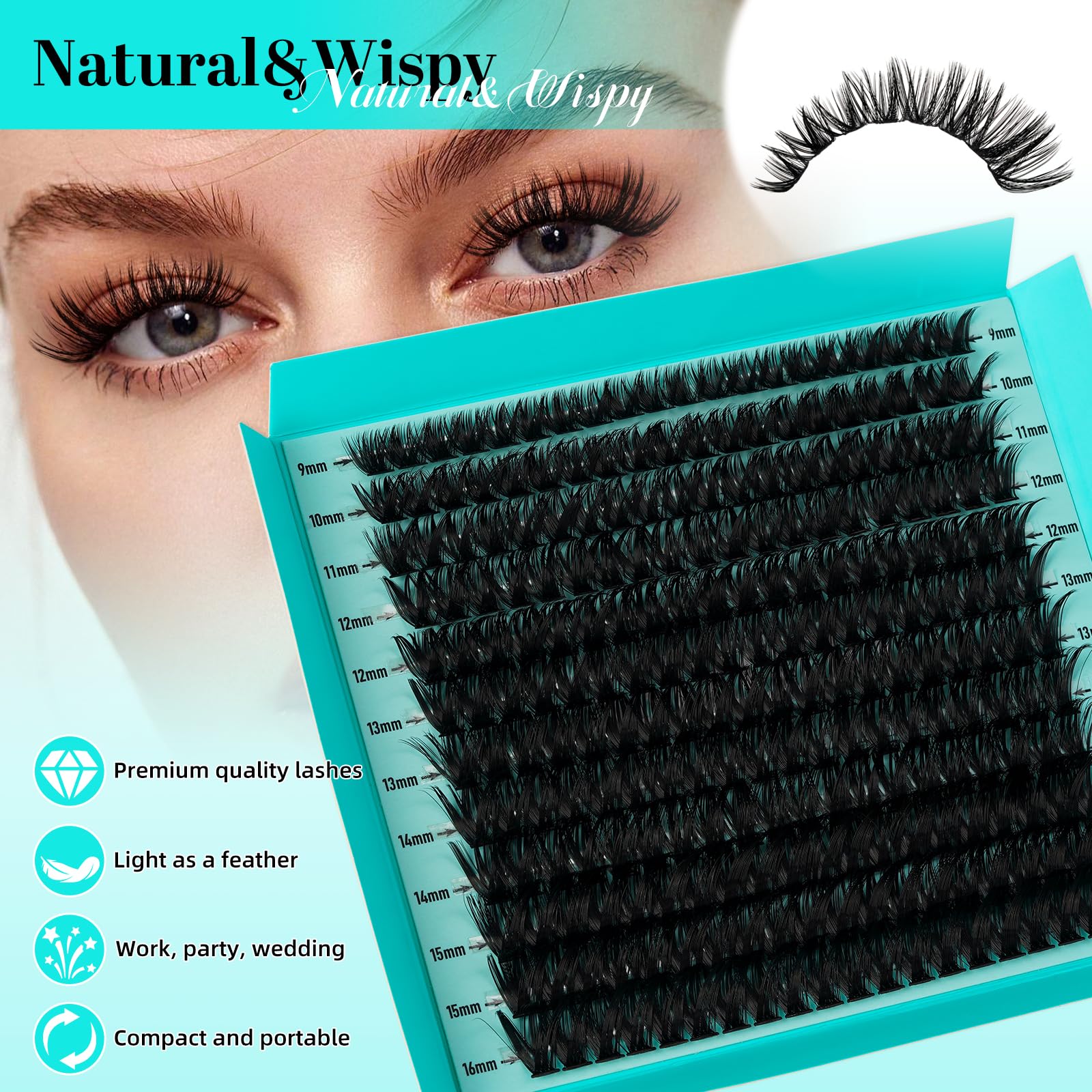 AMZGIRL LASH clusters in mixed 9-16mm lengths for versatile looks.