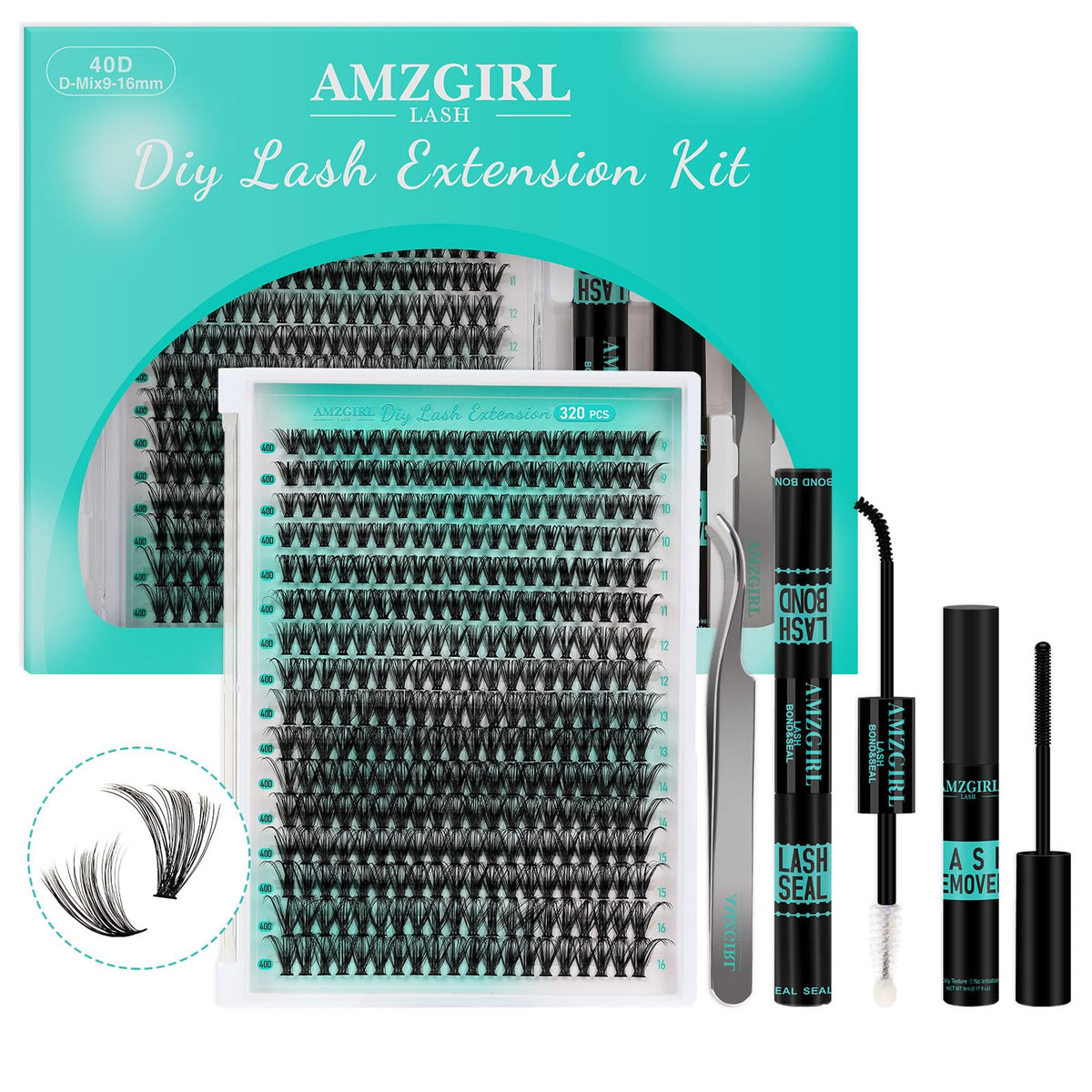 AMZGIRL LASH front packaging showing full DIY cluster kit and contents