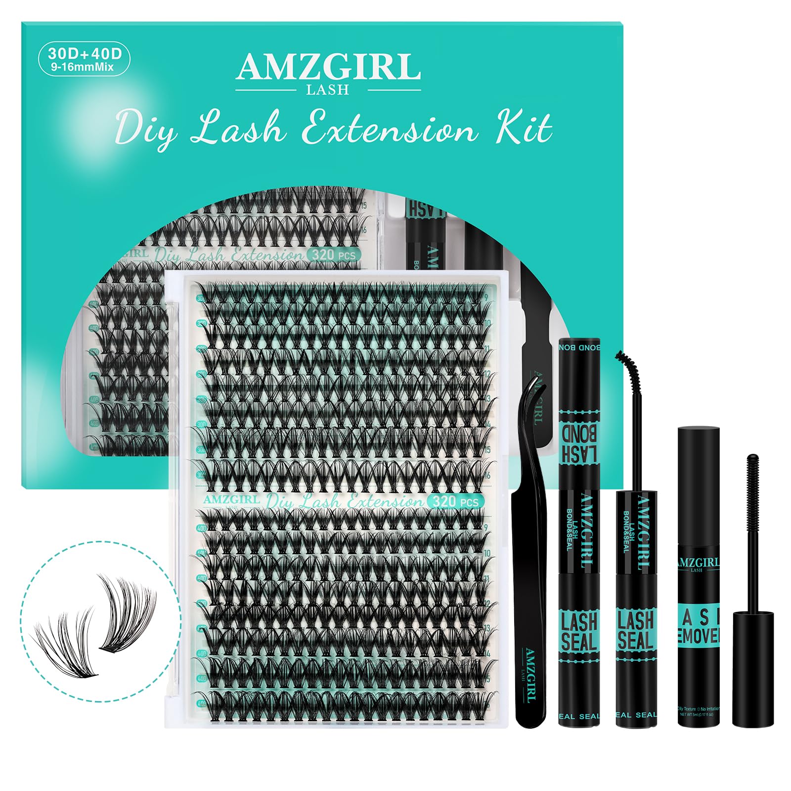 AMZGIRL LASH front packaging showing full kit and easy storage benefit