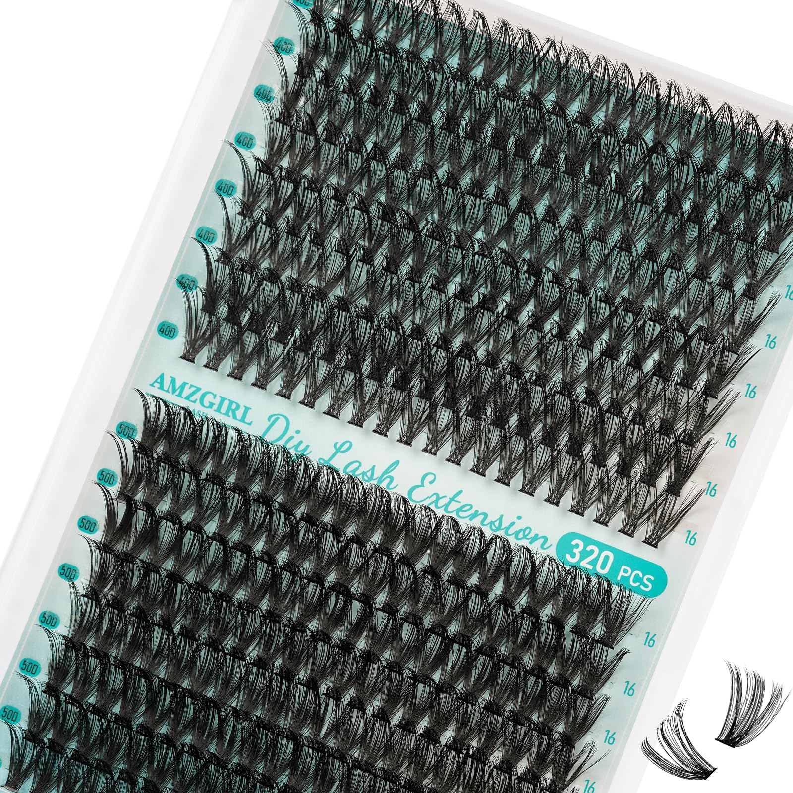 AMZGIRL LASH front tray showing 320 mixed D curl clusters for versatile styling