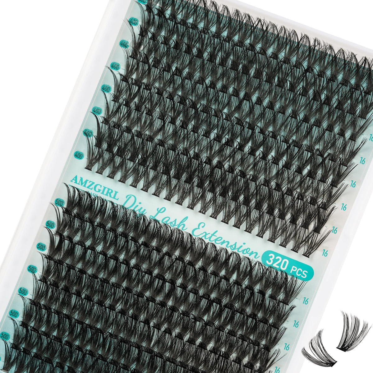 AMZGIRL LASH front tray showing 320 mixed D curl clusters for versatile styling