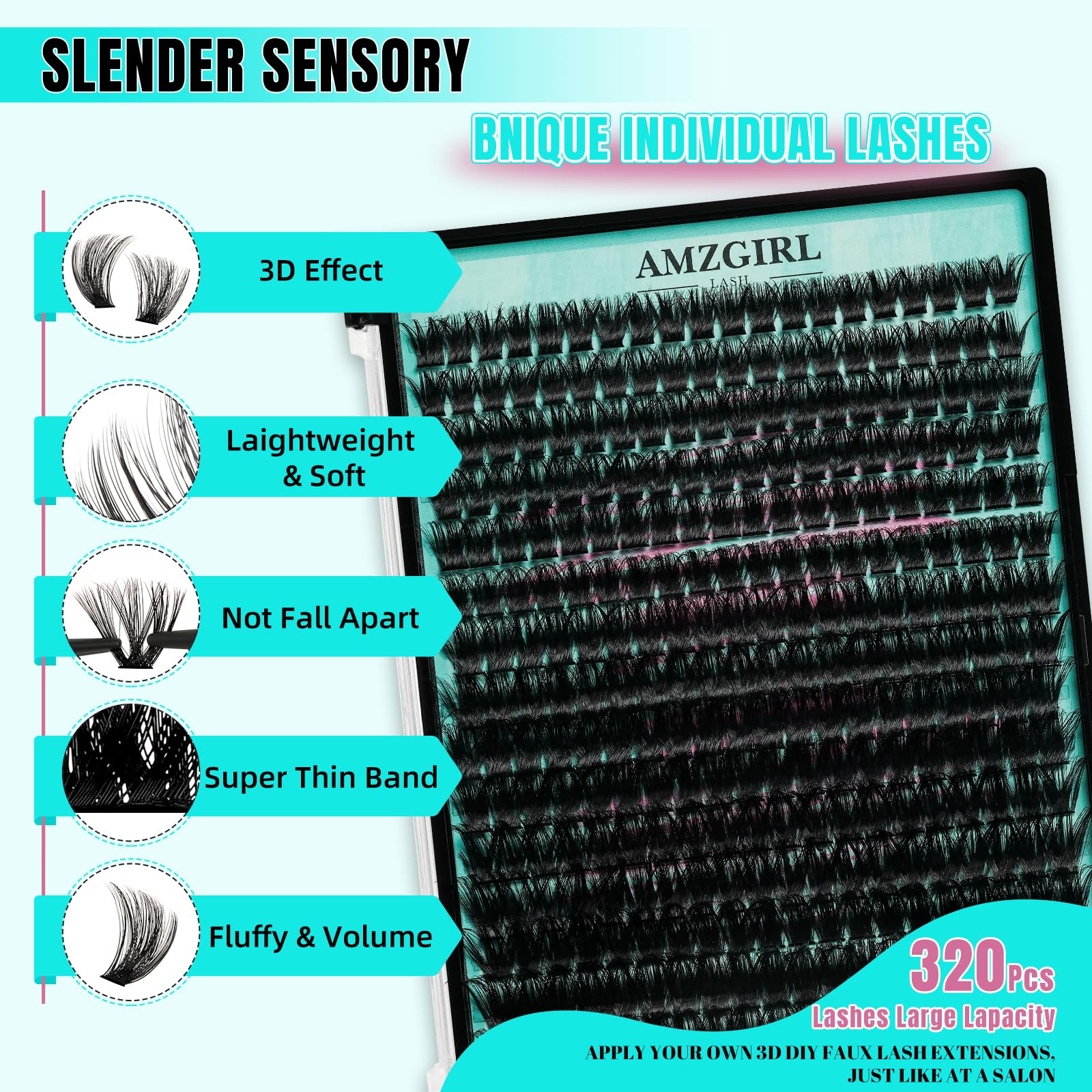 AMZGIRL LASH tray with 320 mixed-length clusters for easy selection