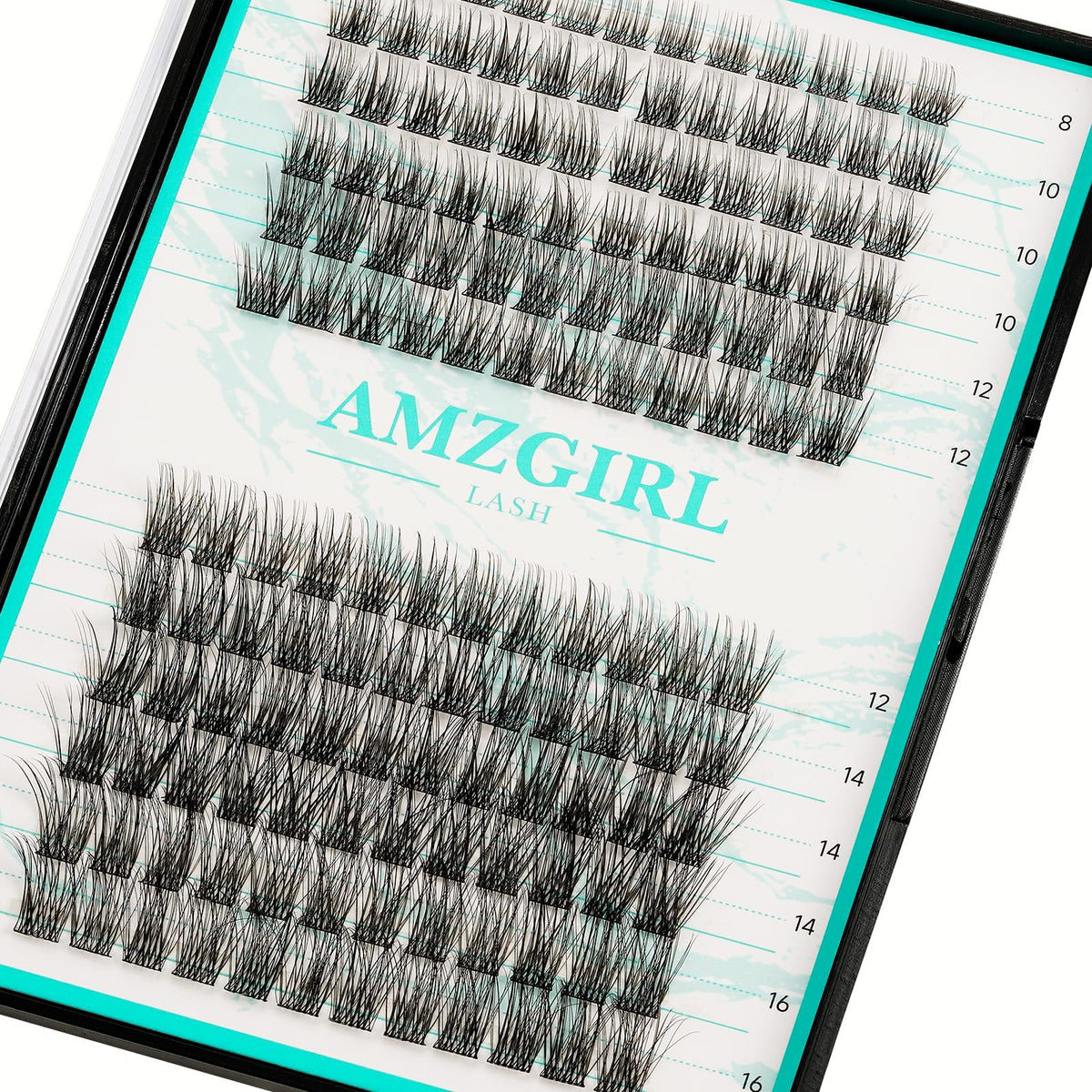 AMZGIRL LASH tray front view showing 144 clusters and mixed lengths for variety