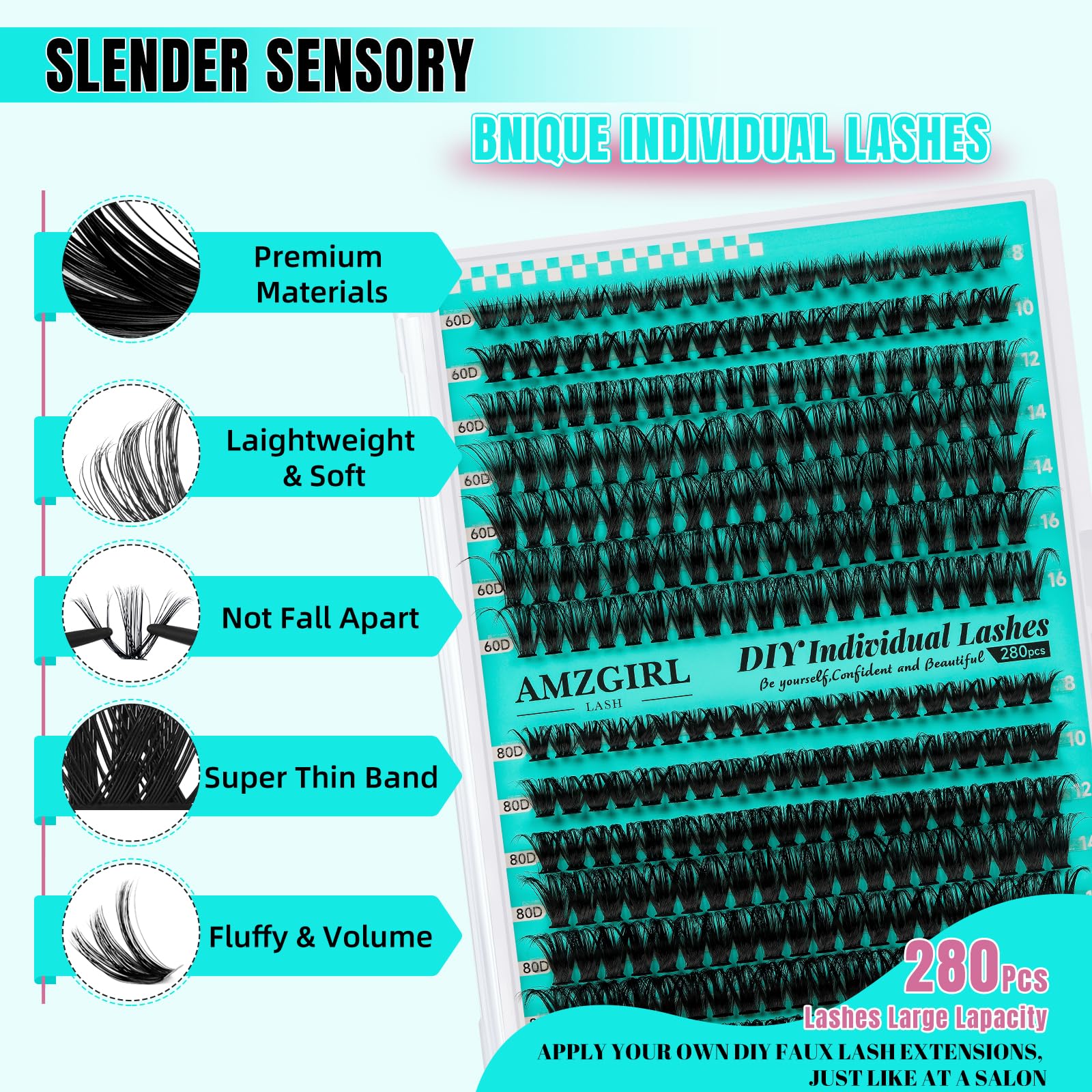 AMZGIRL mixed-length lash tray displaying 8–16mm clusters for customizable styling