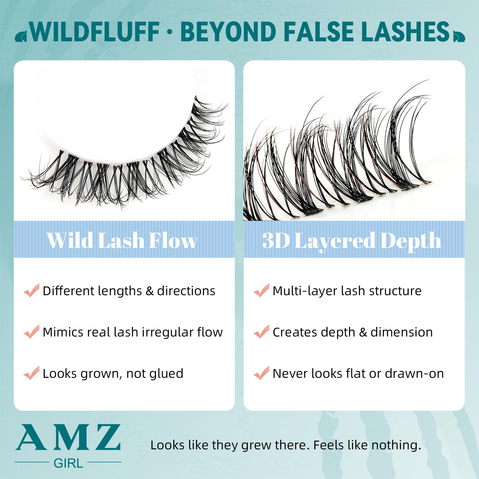 AMZGIRL LASH close-up cluster detail highlighting airy texture and layered length