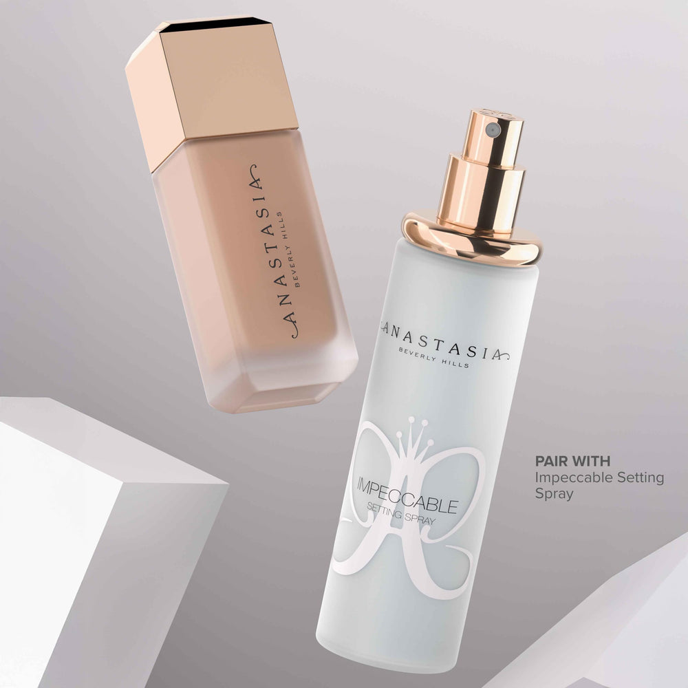 Anastasia Beverly Hills Impeccable Blurring Second Skin Foundation 4W application, easy blending demonstrated.