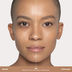 Anastasia Beverly Hills Impeccable Blurring Second Skin Foundation 4W on skin demonstrates a soft, natural look.