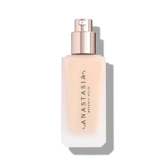 Anastasia Beverly Hills Impeccable Blurring Second Skin matte foundation bottle close-up with velvet-matte finish and shine control