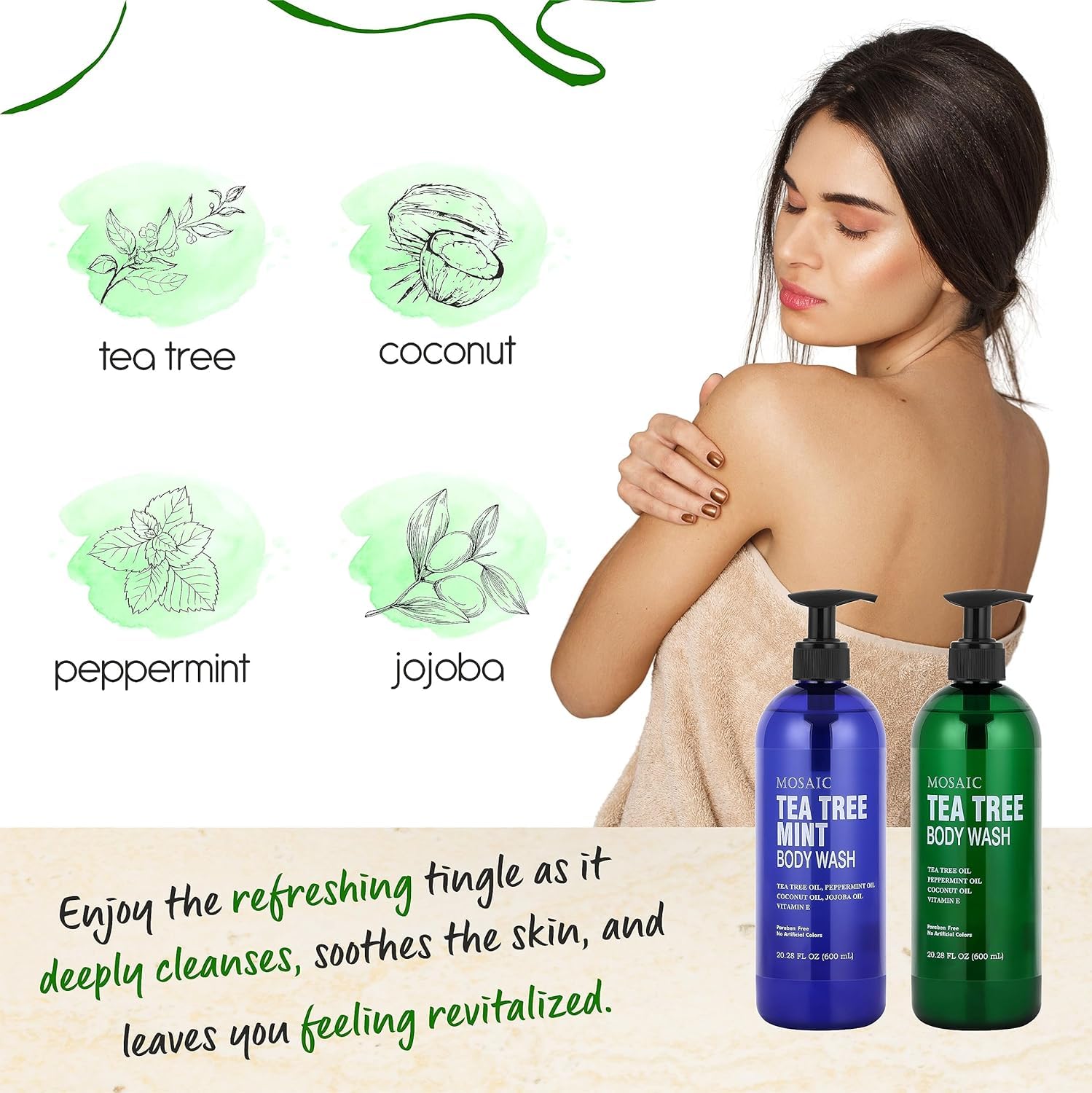 Label on AnatoliaDaphne Tea Tree Body Wash highlighting natural oils and vitamin E for nourished skin.