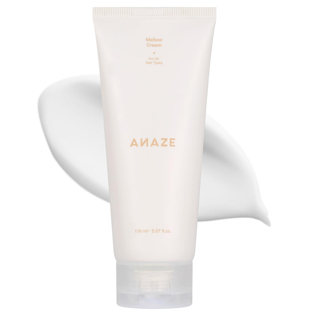 ANAZE Mellow Cream bottle on a vanity, signaling deep moisture for dry hair.