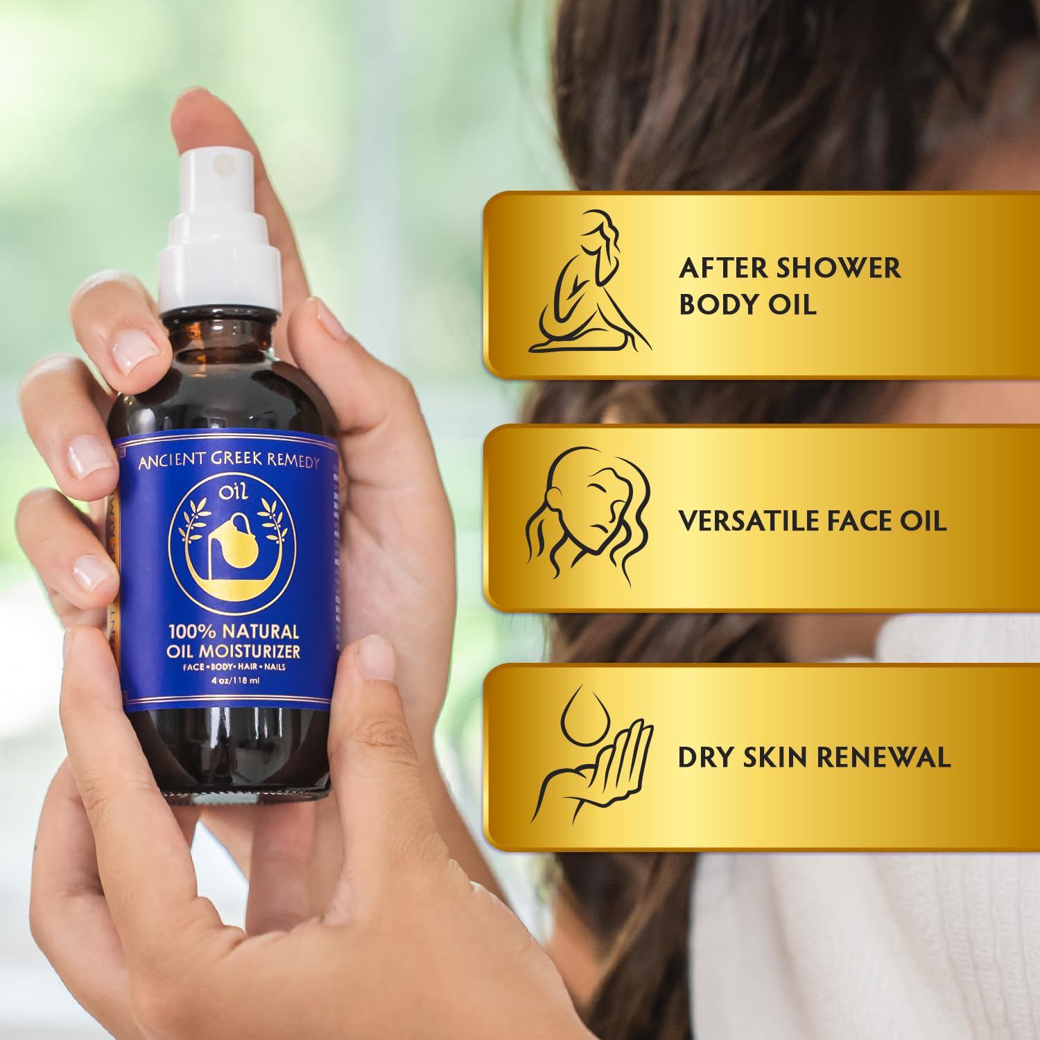 Ancient Greek Remedy Body Oil ingredients showcase jojoba, almond, olive, and vitamin E for nourishment.