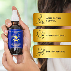 Ancient Greek Remedy Body Oil ingredients showcase jojoba, almond, olive, and vitamin E for nourishment.