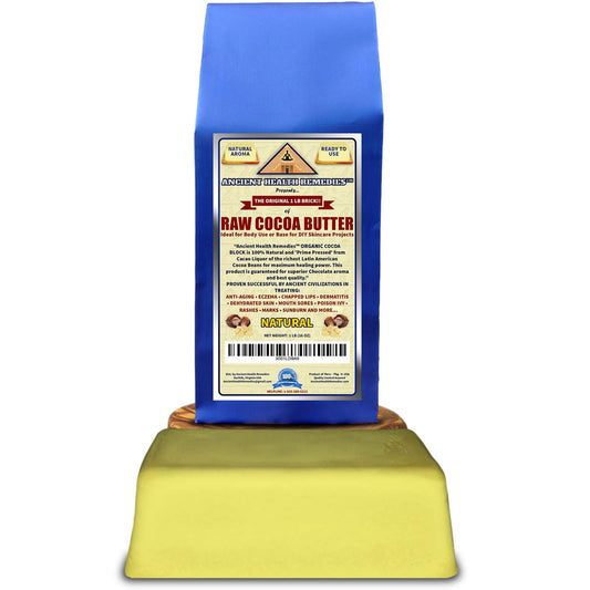 ANCIENT HEALTH REMEDIES Organic Unrefined Cocoa Butter Closeup, ideal base for lip balms and creams.