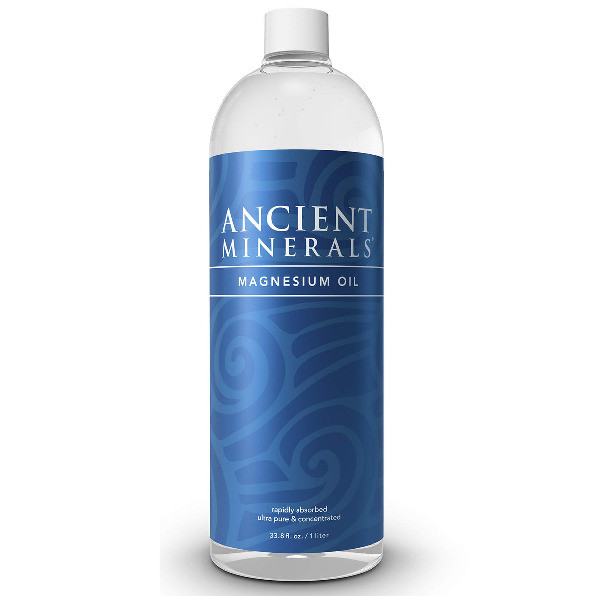 Ancient Minerals magnesium oil refill bottle label closeup, shows purity and fragrance-free formula
