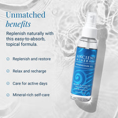 Ancient Minerals refill bottle on bathroom shelf for convenient access