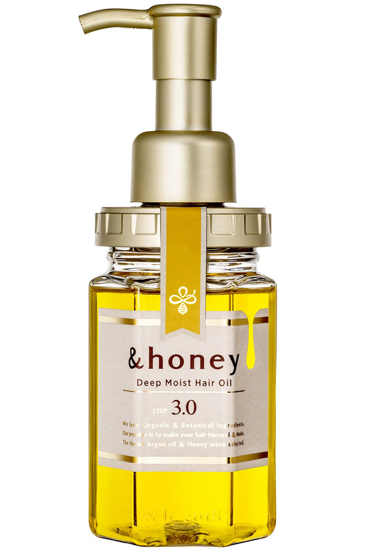 And Honey deep moist hair oil bottle featuring Bulgarian Damask Rose Honey for hydrating shine.