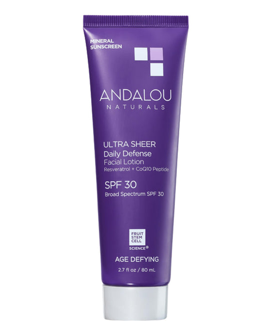 Andalou Naturals sunscreen bottle with SPF 30 for daily protection and hydration.