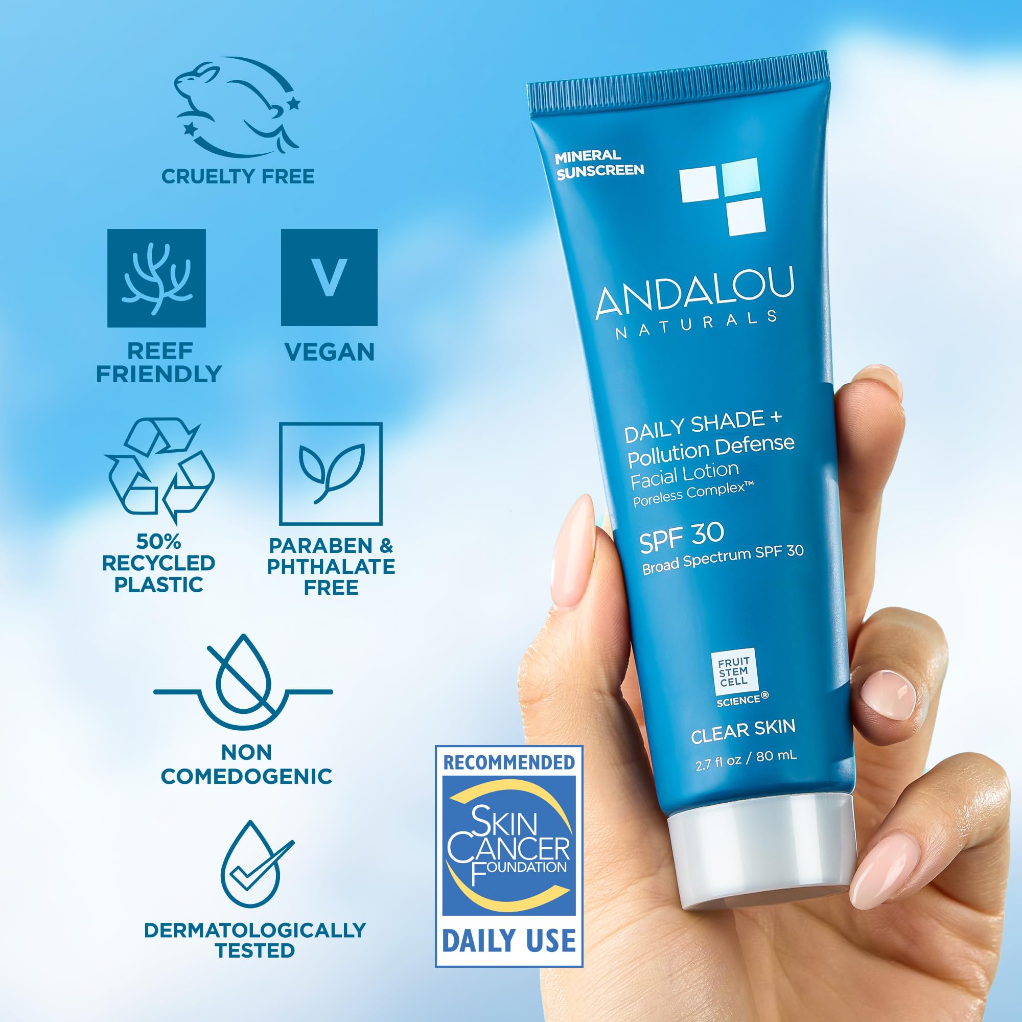 Andalou Naturals Daily Shade sunscreen label highlights vegan, cruelty-free ingredients.