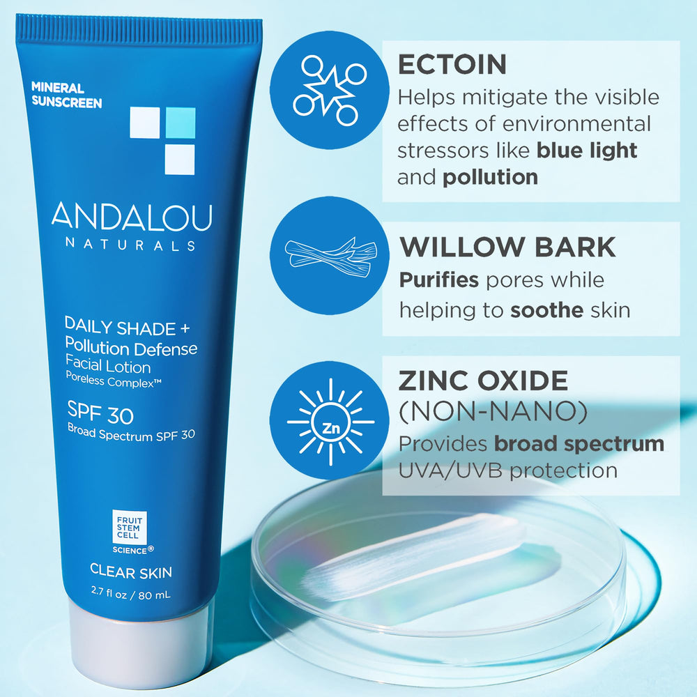 Andalou Naturals Daily Shade sunscreen with Ectoin and antioxidants for stress defense.