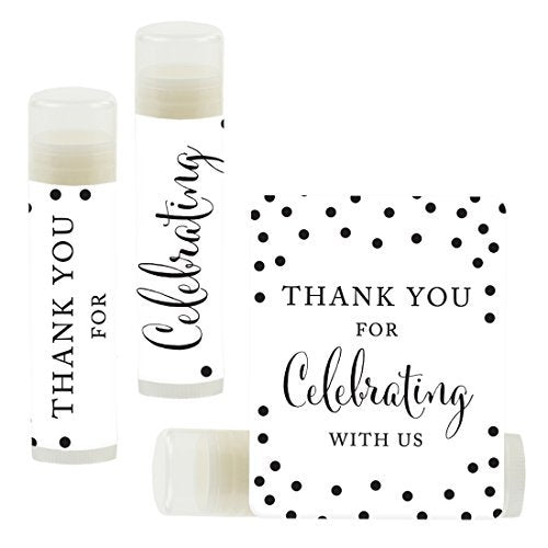 Andaz Press bridal lip balm favors in a black and white design for elegant party decor.