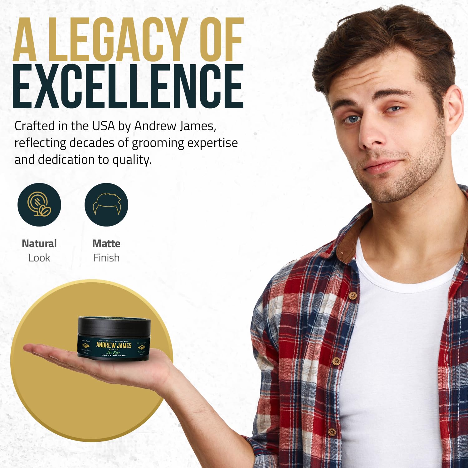ANDREW JAMES Be Easy formula with beeswax and carnauba for moisture and hold.