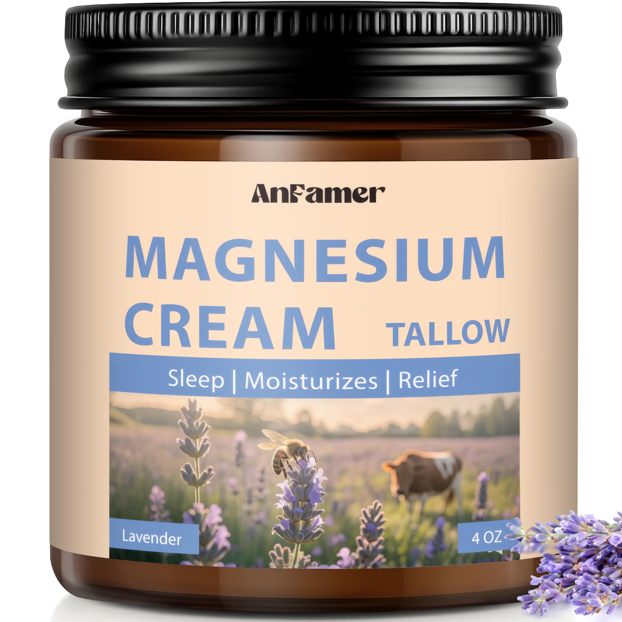 AnFamer magnesium cream with lavender bottle for nighttime calm and skin nourishment.