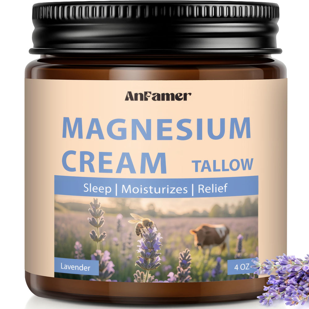 AnFamer magnesium cream with lavender bottle for nighttime calm and skin nourishment.