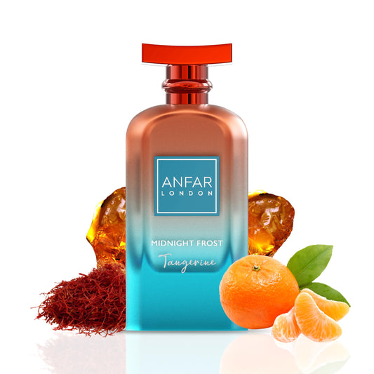 ANFAR LONDON Midnight Frost Tangerine bottle close-up showcases premium design and lasting scent.
