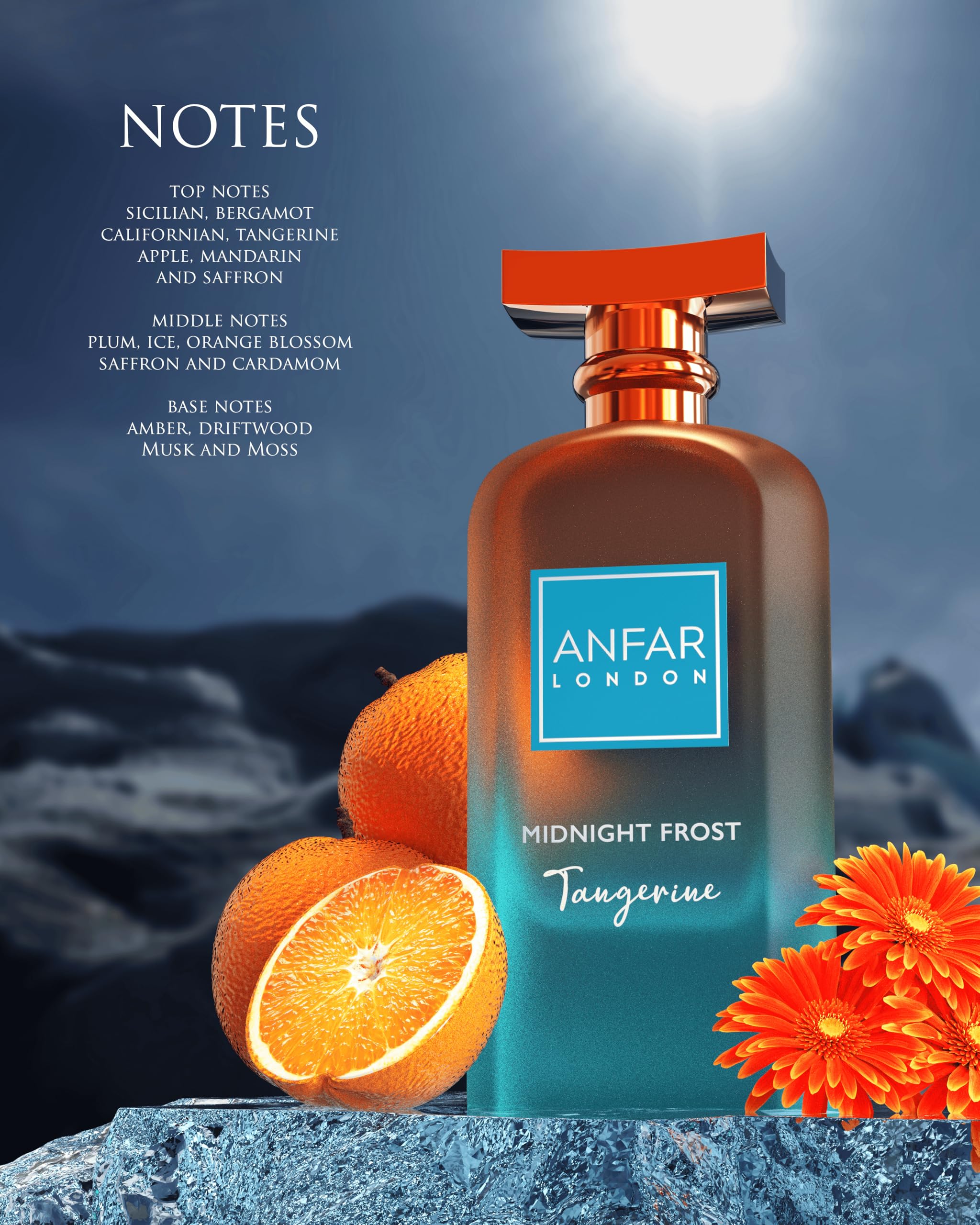 ANFAR LONDON Midnight Frost Tangerine packaging with the box conveys gift-ready luxury.