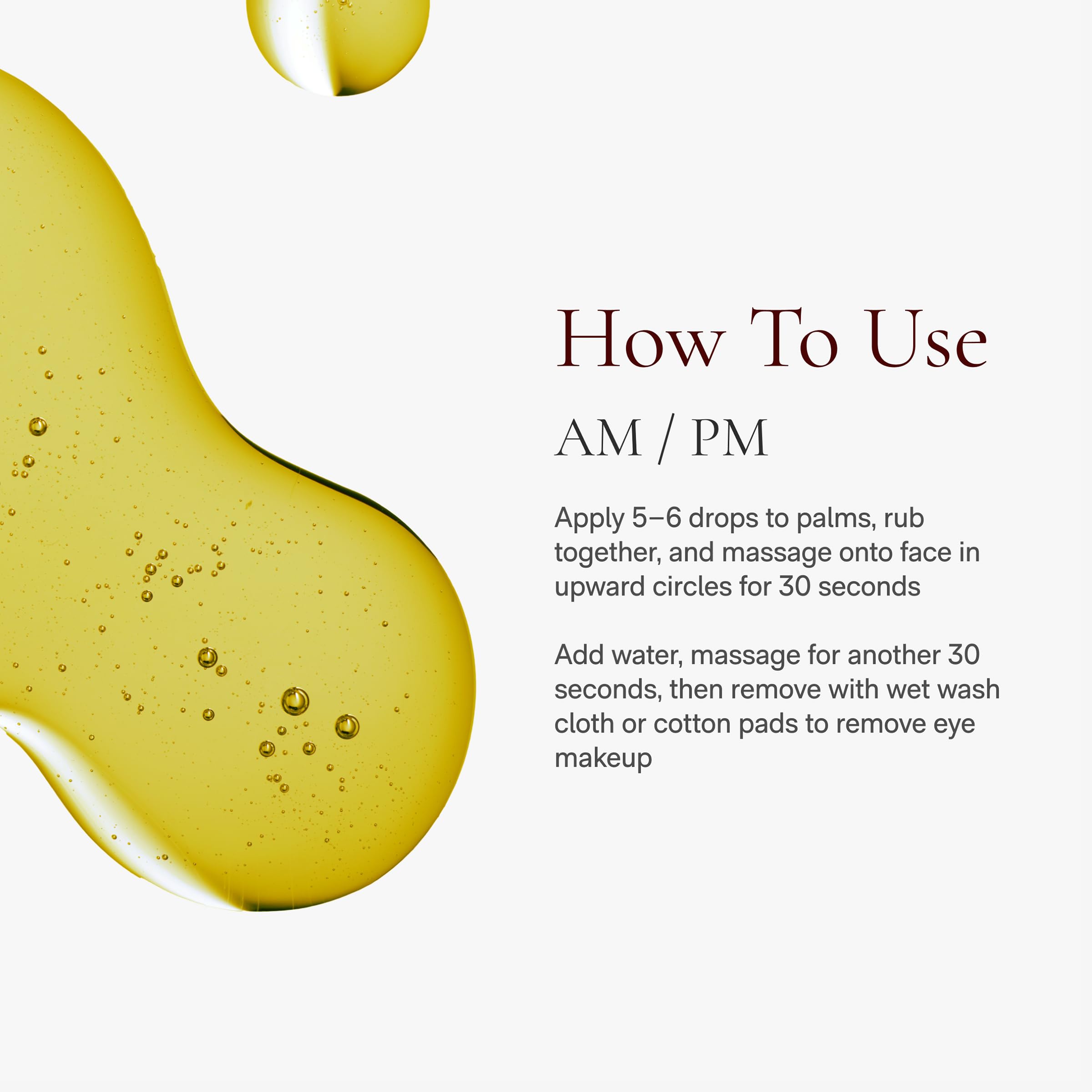 Angela Caglia Neroli Cleansing Oil bottle and droplets illustrate a milky transformation for cleansing.