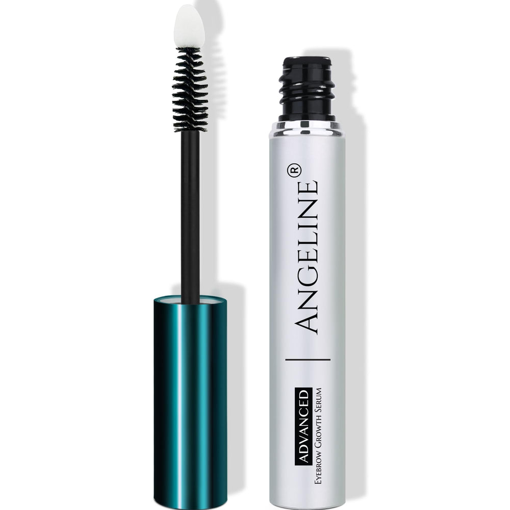 Angeline eyebrow growth serum bottle close-up, highlighting premium packaging and long-term fuller brows potential.